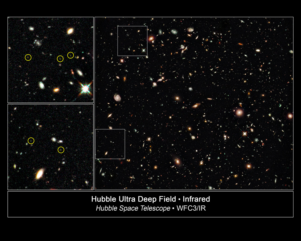 Hubble Ultra Deepfield WFC3/IR. Vele duizenden sterrenstelsels zijn zichtbaar, maar slechts vijf staan op recordafstand. Deze zijn aangegeven in de uitvergrotingen aan de linkerkant. Deze sterrenstelsels zijn zeer klein.