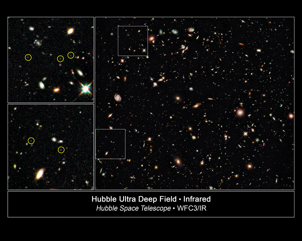 Hubble Ultra Deepfield WFC3/IR. Vele duizenden sterrenstelsels zijn zichtbaar, maar slechts vijf staan op recordafstand. Deze zijn aangegeven in de uitvergrotingen aan de linkerkant. Deze sterrenstelsels zijn zeer klein.